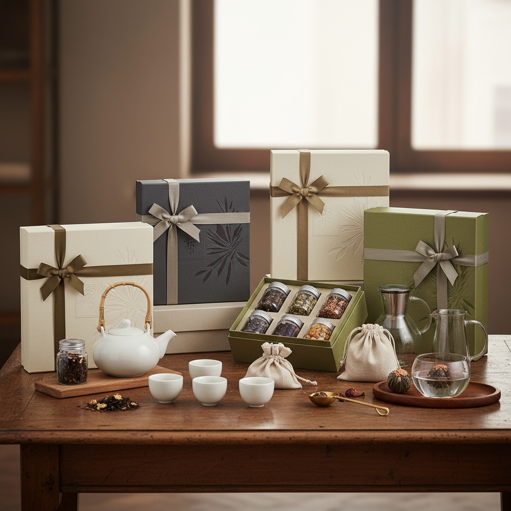 Tea gift boxes arranged for corporate events