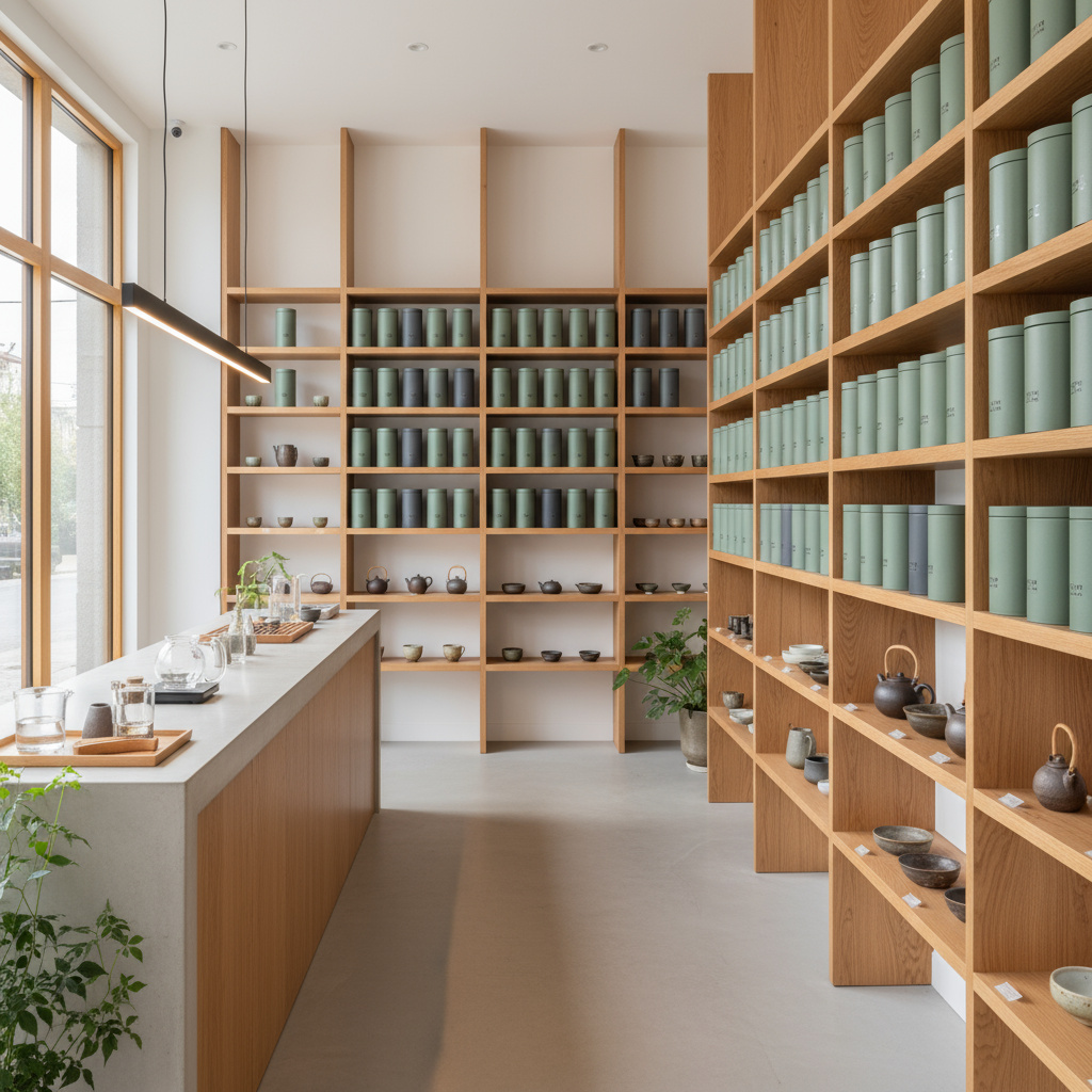 Pulsea Tea Atelier interior with shelves of loose-leaf teas