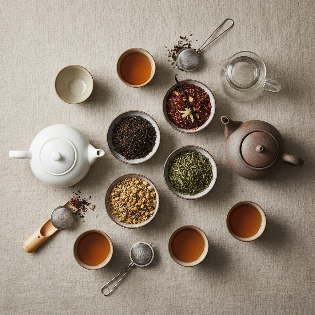 Assorted loose-leaf teas and teaware