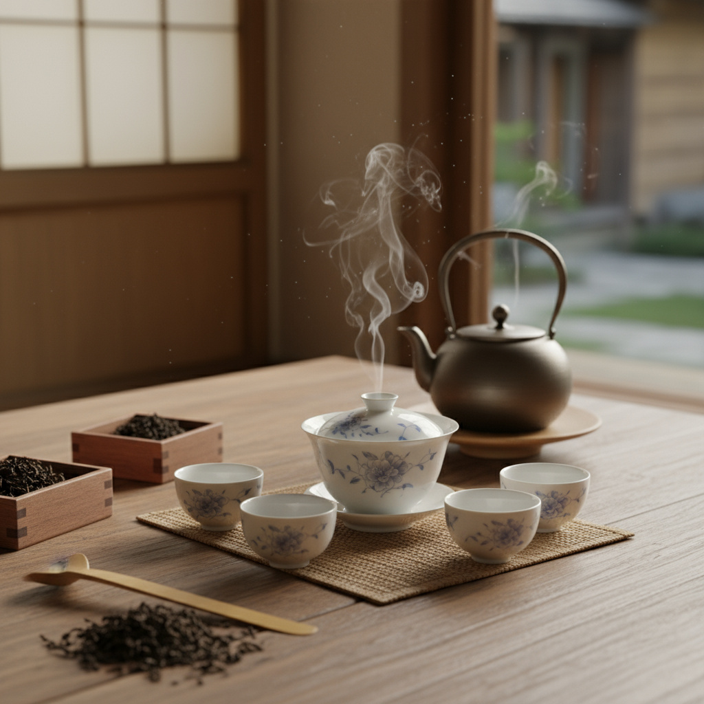 Tea ceremony setup with gaiwan and cups