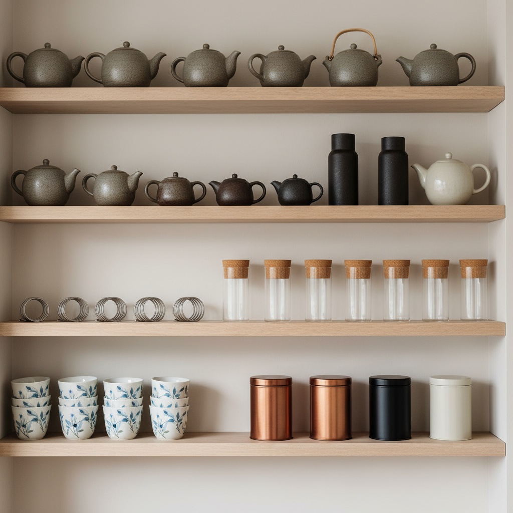 Display of teapots, infusers, cups, and tea canisters